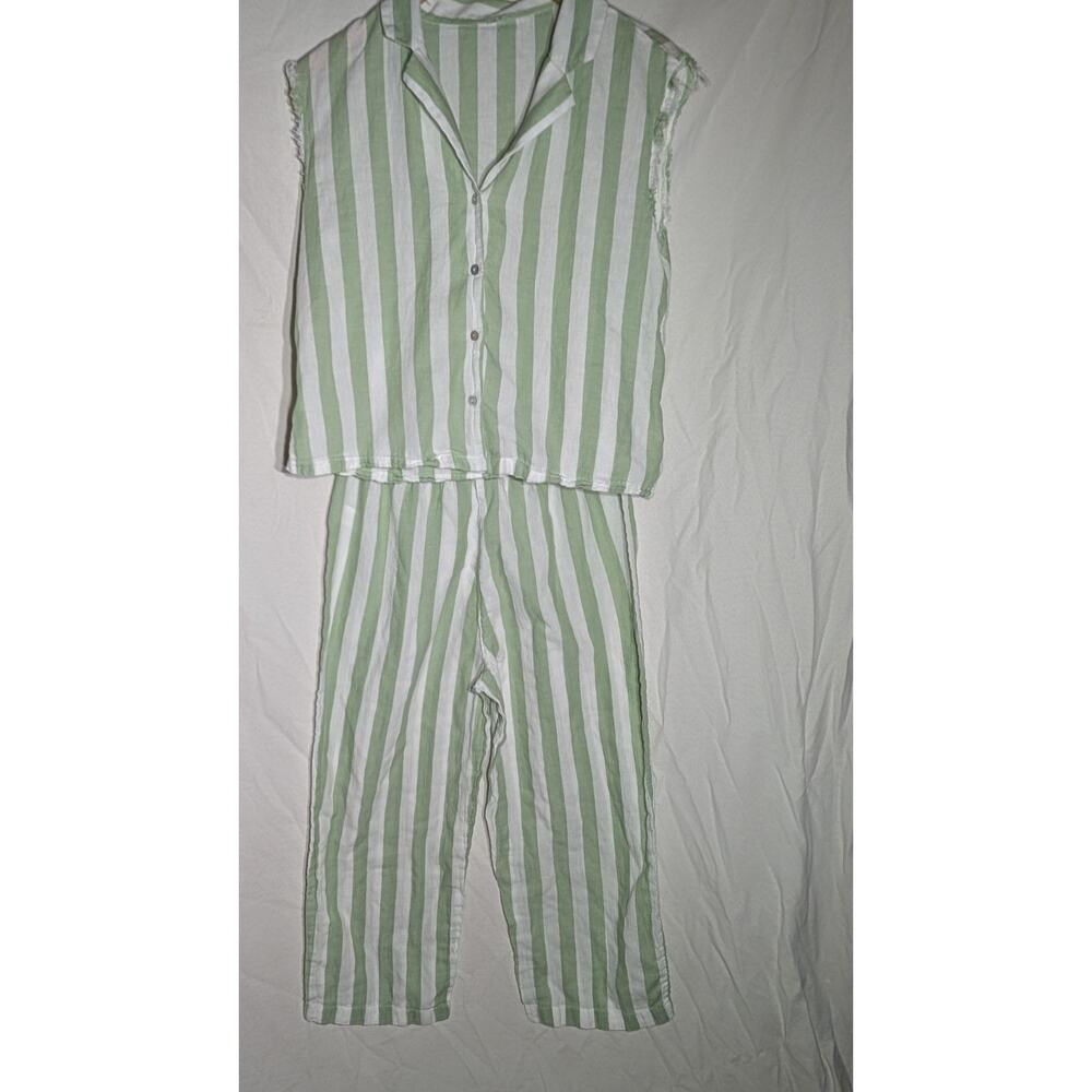 Womens 2 Piece Lounge Set Sz Small Green white pinstripe beach coastal Pajamas